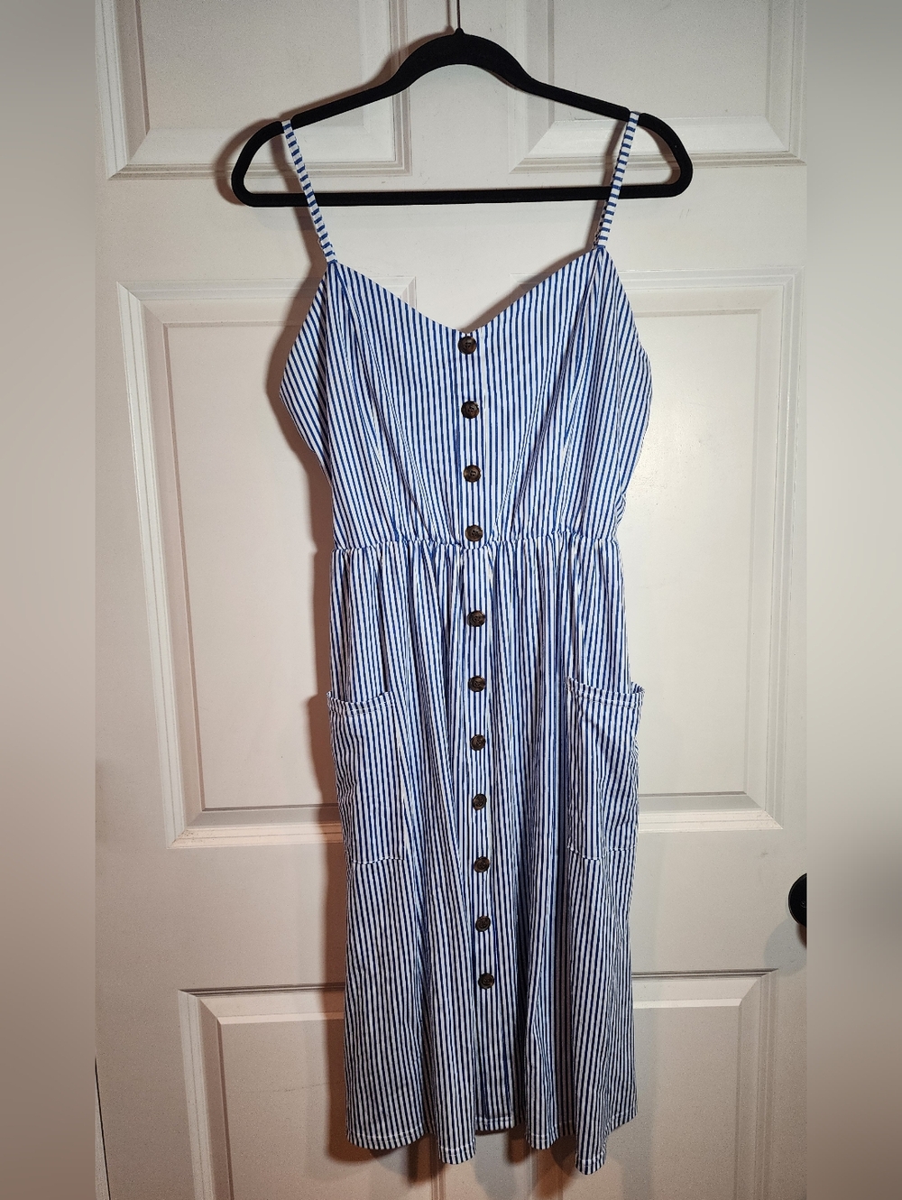 Angashion Stretchy Blue & White Striped Sundress Pockets XL